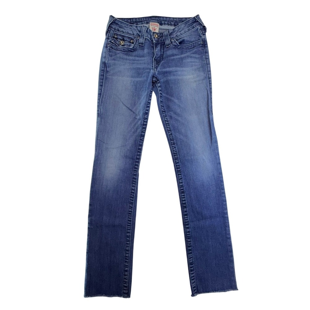 True Religion Jeans Women 27 Blue Crystal Embellished Raw Hem Straight‎